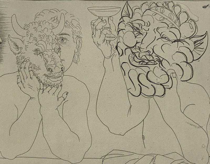 Pablo Picasso - Caisse a Remords: Jeune homme au masque de taurea, faune et profil de femme ( B.279)