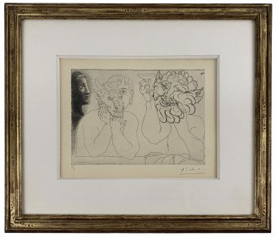 Pablo Picasso - Caisse a Remords: Jeune homme au masque de taurea, faune et profil de femme ( B.279)