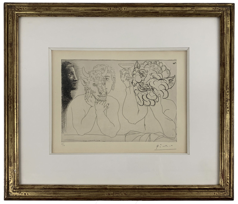 Pablo Picasso - Caisse a Remords: Jeune homme au masque de taurea, faune et profil de femme ( B.279)
