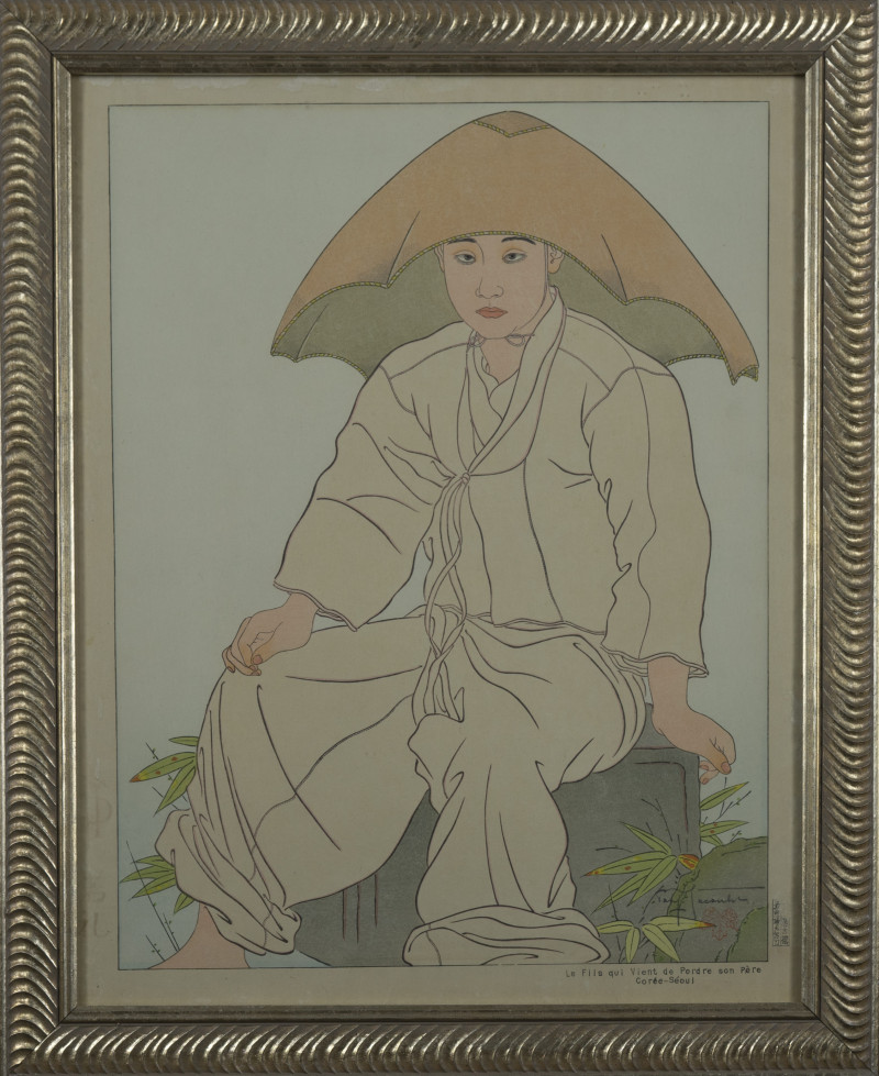 Paul Jacoulet - A set of four prints: LA CHENILLE VERTE &apos;COREE&apos; , &quot;Le Fils qui Vient de Perdre son Pere&quot;,&quot;Les Deus Freres&quot;, &quot;Le Mandarin Aux Lunettes&quot;