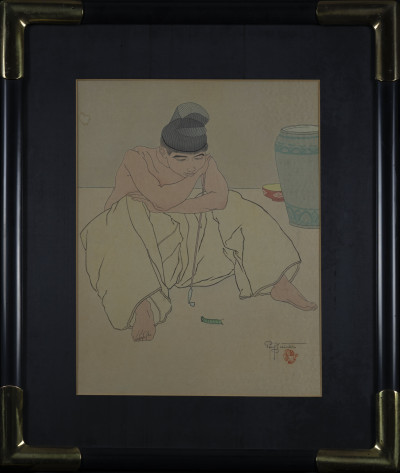 Paul Jacoulet - A set of four prints: LA CHENILLE VERTE &apos;COREE&apos; , &quot;Le Fils qui Vient de Perdre son Pere&quot;,&quot;Les Deus Freres&quot;, &quot;Le Mandarin Aux Lunettes&quot;