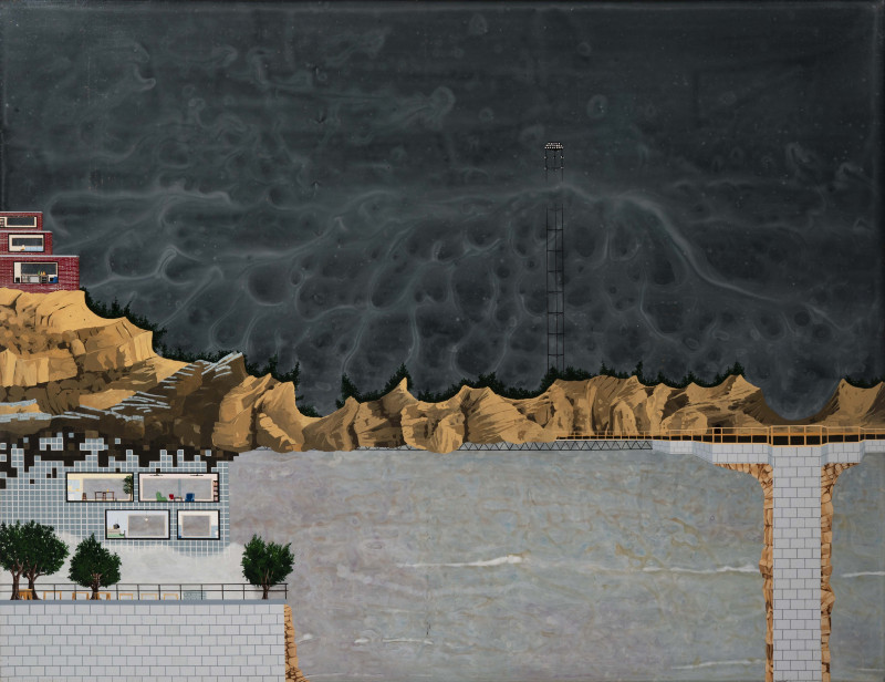 Jay Davis - Untitled (Three level brick house/ grid house / morphing into dirt / large deck / lightning