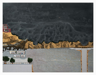 Jay Davis - Untitled (Three level brick house/ grid house / morphing into dirt / large deck / lightning