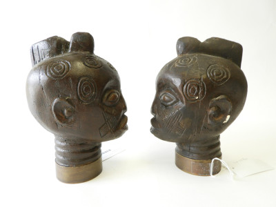 Pr Painted Plaster Nubian Bust Newel Post Finials