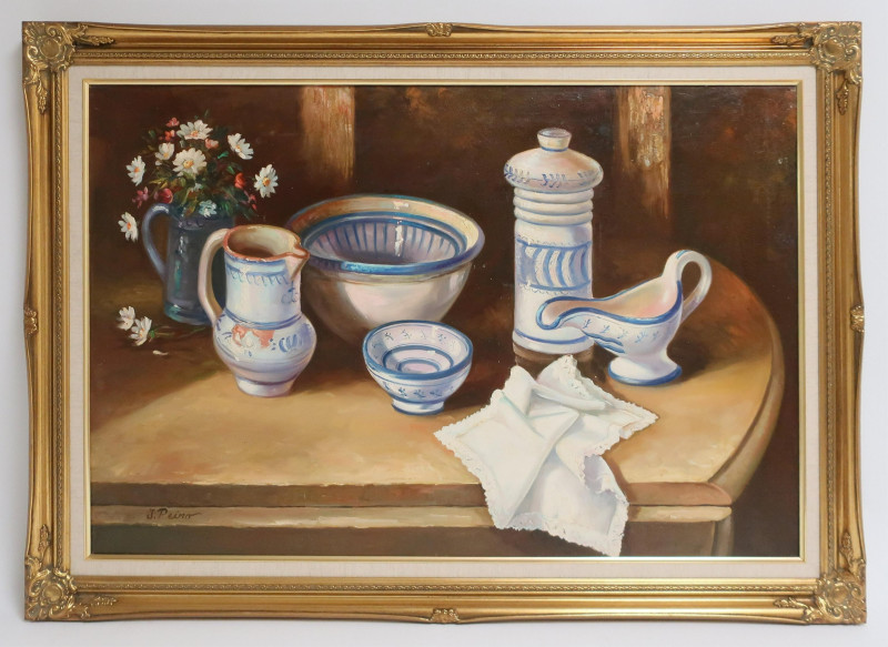 J. Piero, Still Life of Ceramic Vessels, O/C