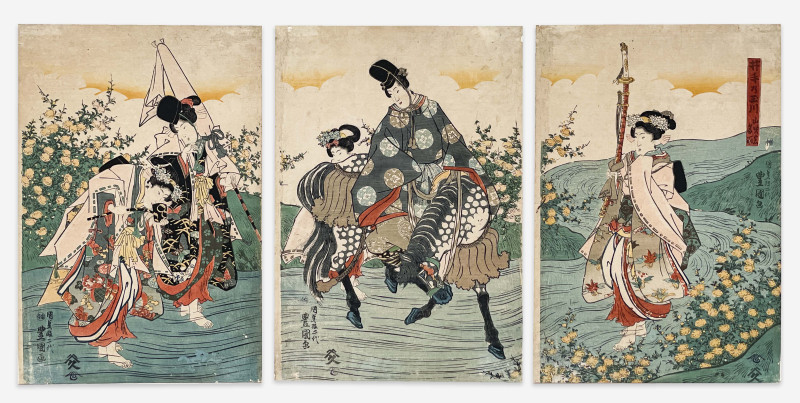 Utagawa Kunisada - Figures Traveling, Triptych