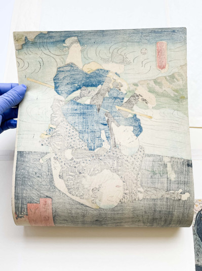 Utagawa Kunisada (Utagawa Toyokuni III) - Samurai Crossing a Stream, Diptych