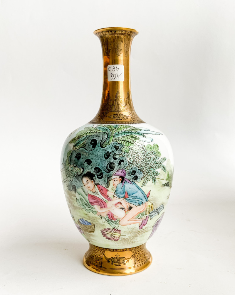 Chinese Enamel Decorated Porcelain Vase with Erotic Imagery