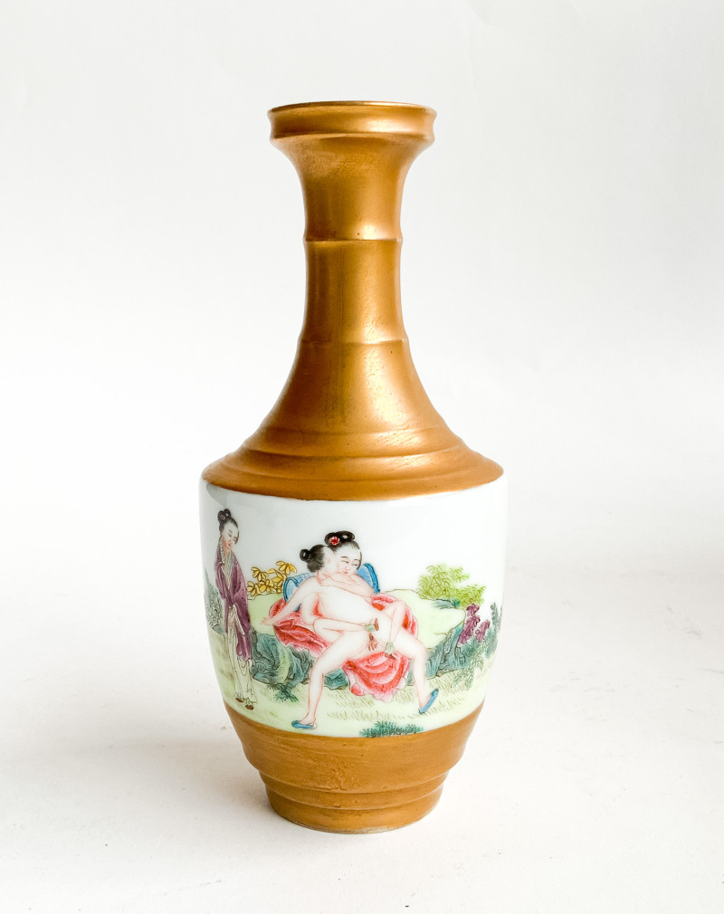 Chinese Enamel Decorated Porcelain Vase with Erotic Imagery