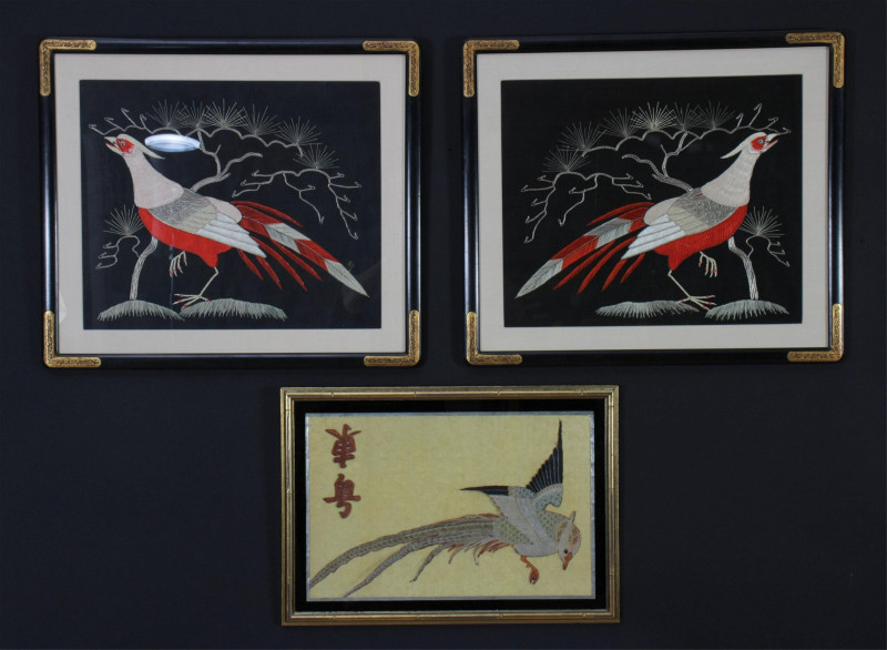Pair of Pheasant Silk Embroideries