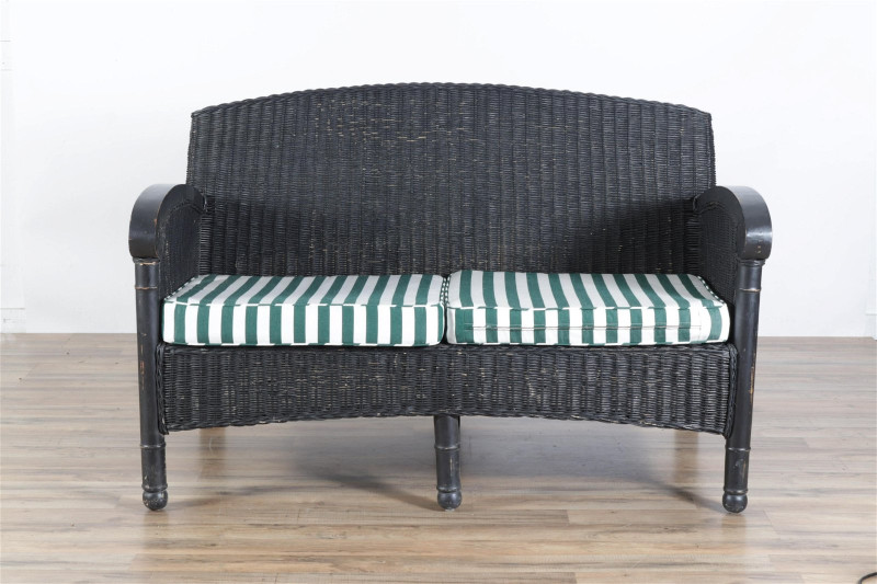 Vintage Black Painted Wicker Loveseat, E 20th C.