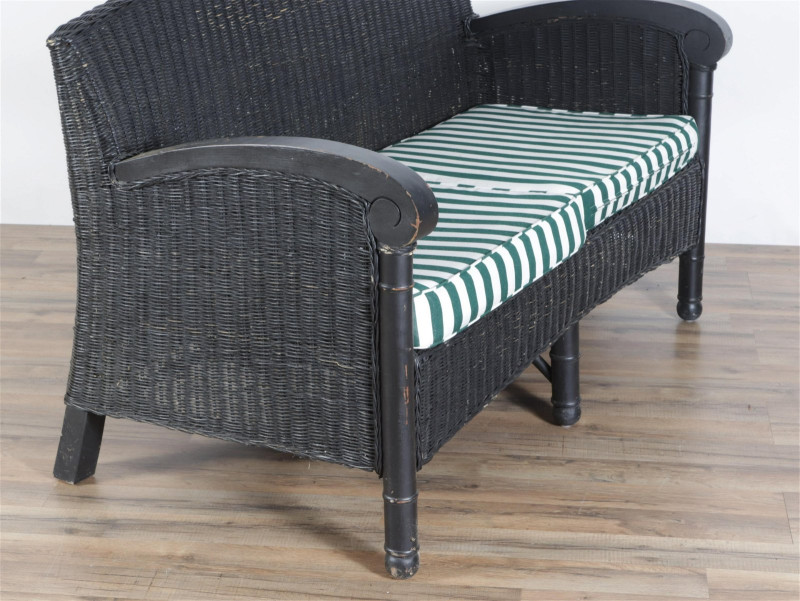 Vintage Black Painted Wicker Loveseat, E 20th C.