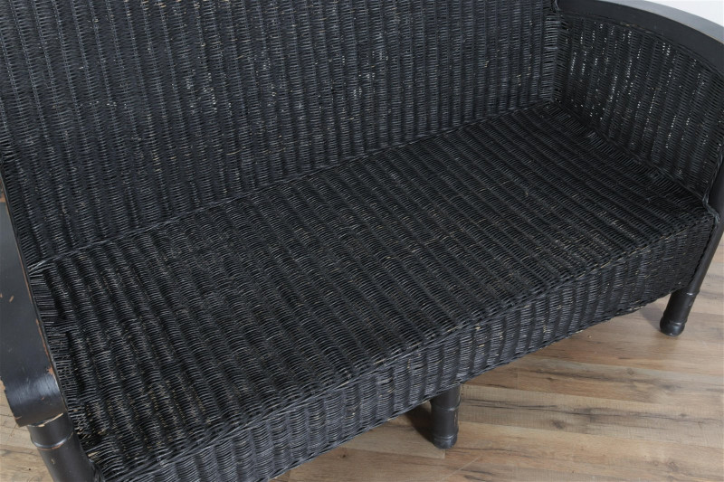 Vintage Black Painted Wicker Loveseat, E 20th C.