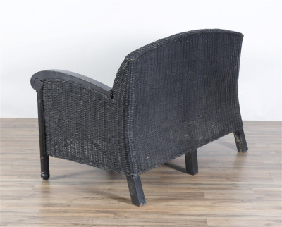 Vintage Black Painted Wicker Loveseat, E 20th C.