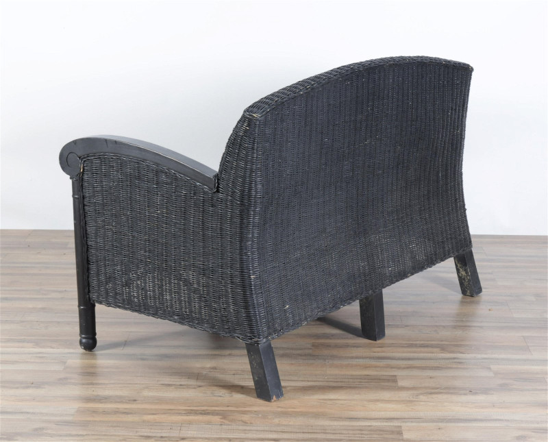 Vintage Black Painted Wicker Loveseat, E 20th C.