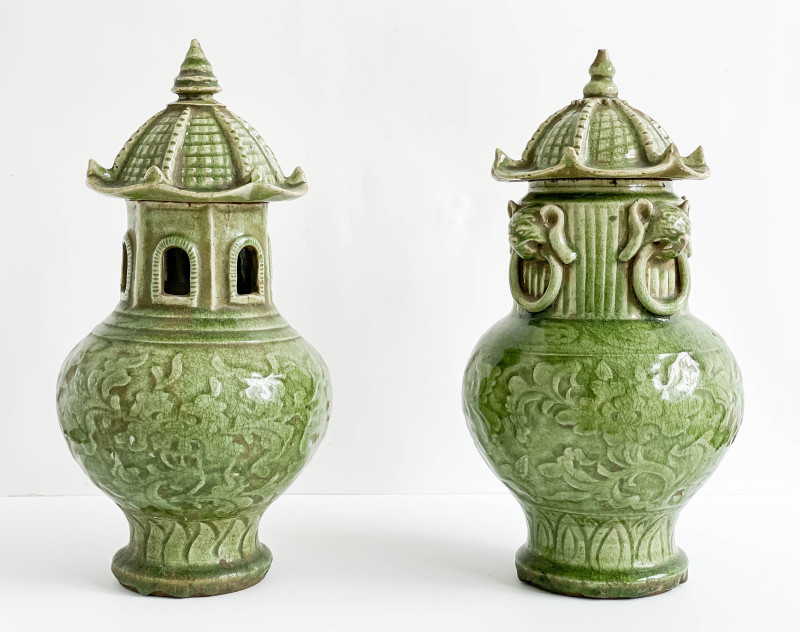 Two Chinese Celadon Glazed Ceramic Pagoda Form Vessels and Covers