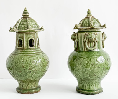 Two Chinese Celadon Glazed Ceramic Pagoda Form Vessels and Covers