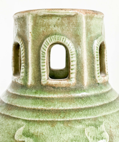 Two Chinese Celadon Glazed Ceramic Pagoda Form Vessels and Covers