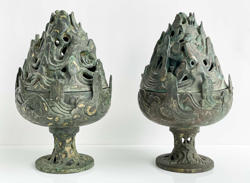 Pair of Chinese Inlaid Bronze Mountain Form Censers and Covers, Boshanlu