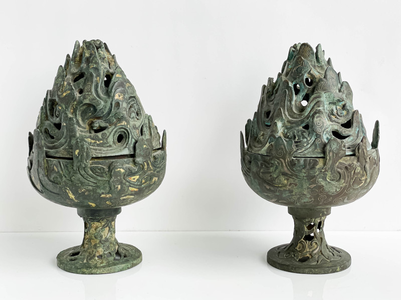 Pair of Chinese Inlaid Bronze Mountain Form Censers and Covers, Boshanlu