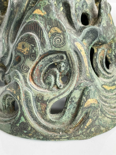 Pair of Chinese Inlaid Bronze Mountain Form Censers and Covers, Boshanlu