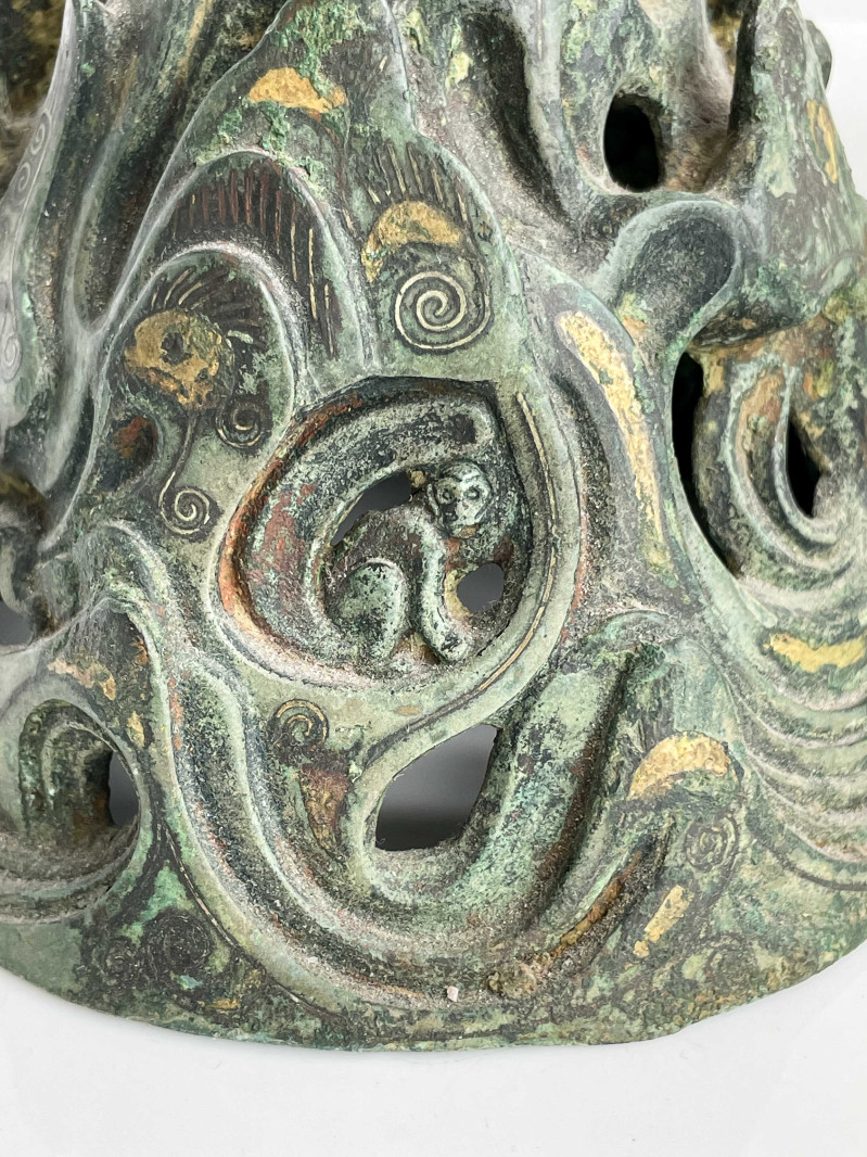 Pair of Chinese Inlaid Bronze Mountain Form Censers and Covers, Boshanlu