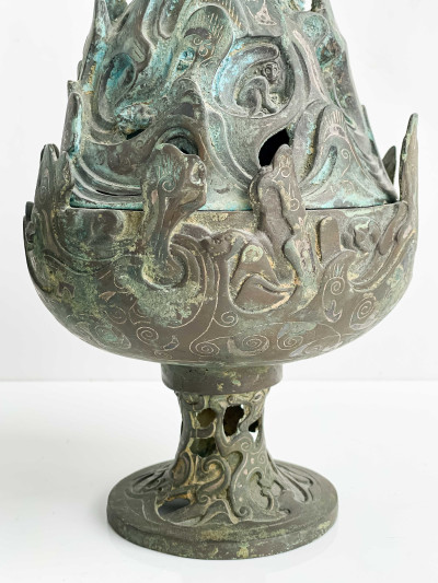 Pair of Chinese Inlaid Bronze Mountain Form Censers and Covers, Boshanlu