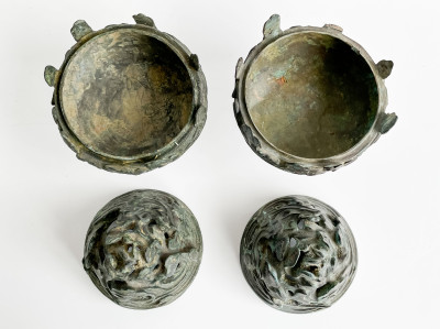 Pair of Chinese Inlaid Bronze Mountain Form Censers and Covers, Boshanlu