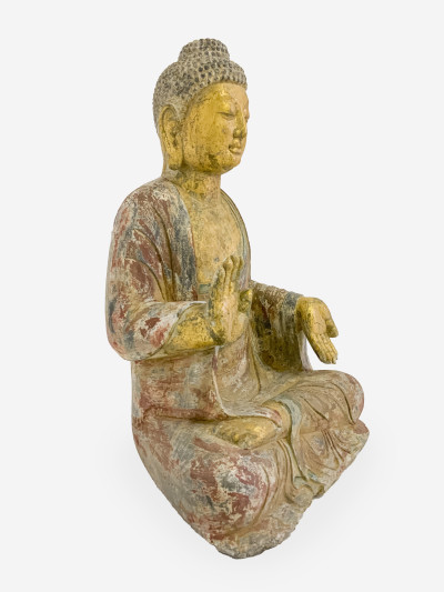 Large Chinese Parcel Gilt and Painted Stone Buddha