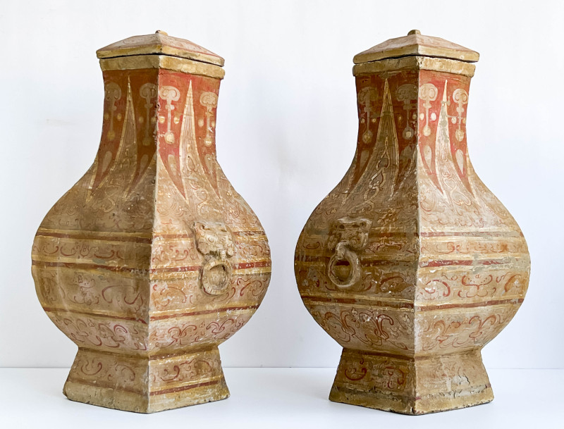 Pair of Chinese Painted Pottery Fanghu Form Vessels and Covers