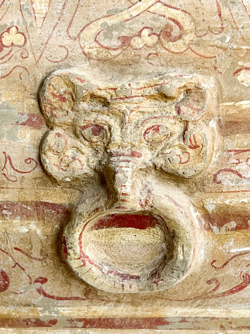 Pair of Chinese Painted Pottery Fanghu Form Vessels and Covers