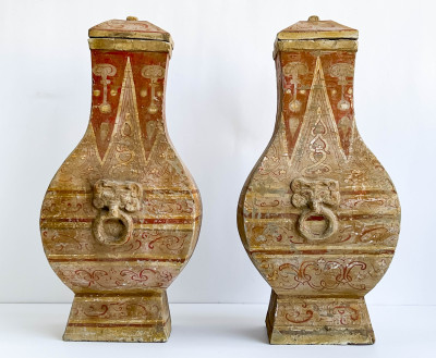 Pair of Chinese Painted Pottery Fanghu Form Vessels and Covers