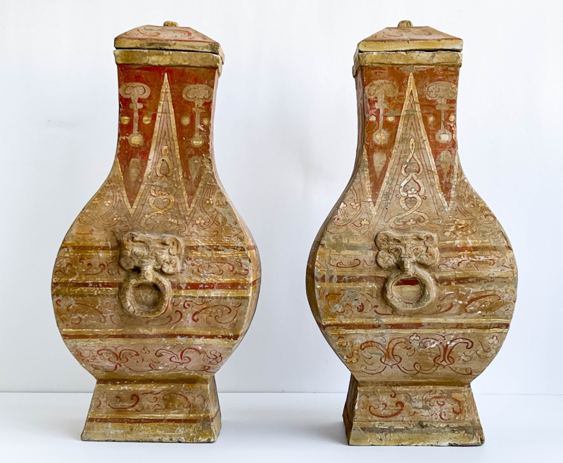 Pair of Chinese Painted Pottery Fanghu Form Vessels and Covers
