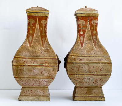 Pair of Chinese Painted Pottery Fanghu Form Vessels and Covers