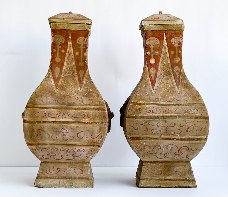 Pair of Chinese Painted Pottery Fanghu Form Vessels and Covers