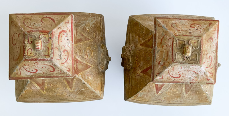 Pair of Chinese Painted Pottery Fanghu Form Vessels and Covers