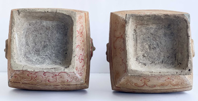 Pair of Chinese Painted Pottery Fanghu Form Vessels and Covers