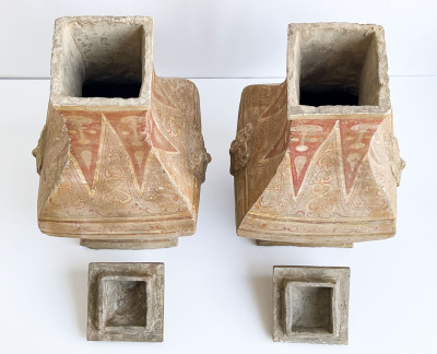 Pair of Chinese Painted Pottery Fanghu Form Vessels and Covers