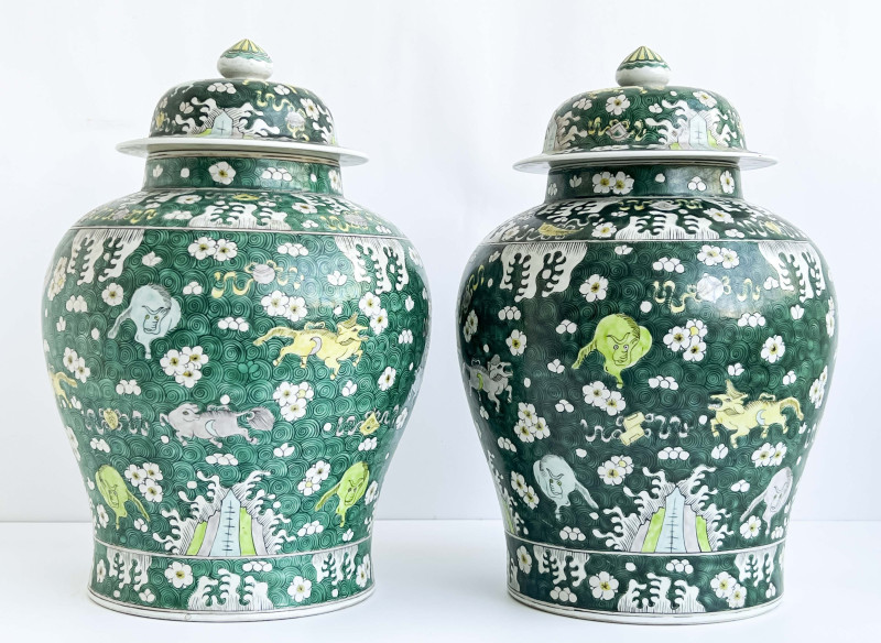 Pair of Chinese Porcelain Famille Verte Baluster Jars and Covers