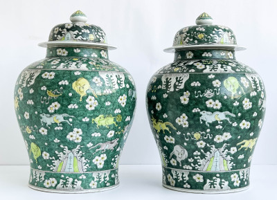 Pair of Chinese Porcelain Famille Verte Baluster Jars and Covers
