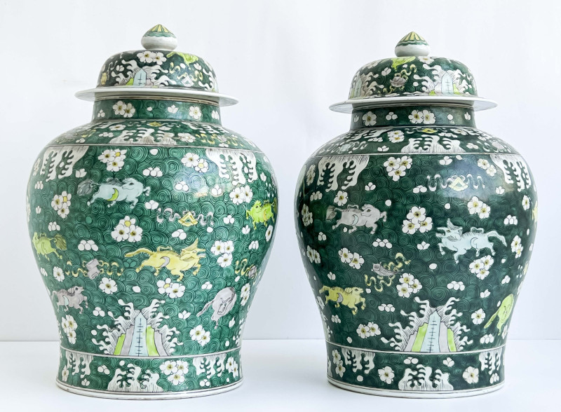 Pair of Chinese Porcelain Famille Verte Baluster Jars and Covers