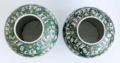 Pair of Chinese Porcelain Famille Verte Baluster Jars and Covers