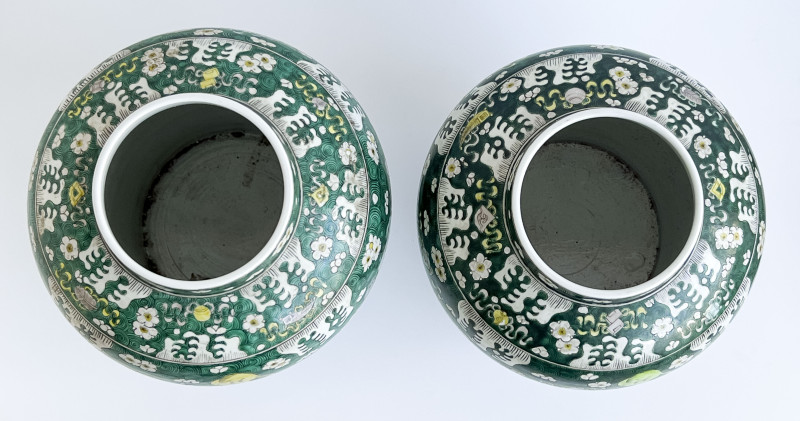 Pair of Chinese Porcelain Famille Verte Baluster Jars and Covers