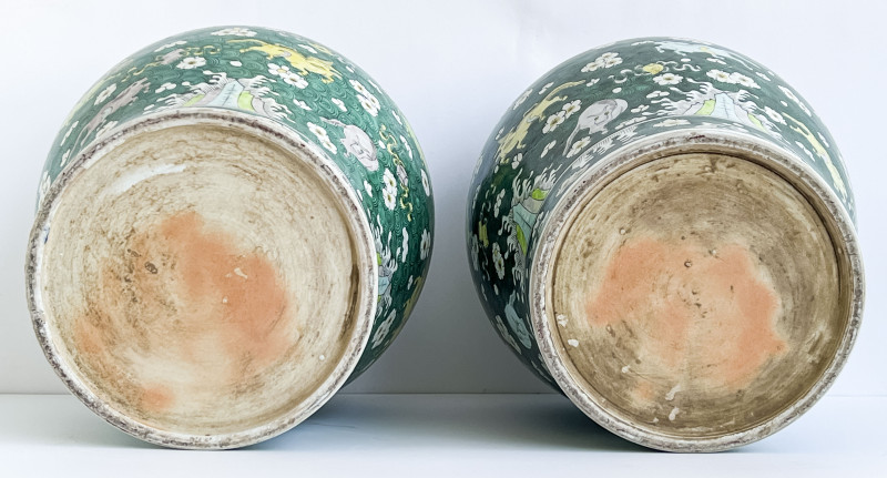 Pair of Chinese Porcelain Famille Verte Baluster Jars and Covers