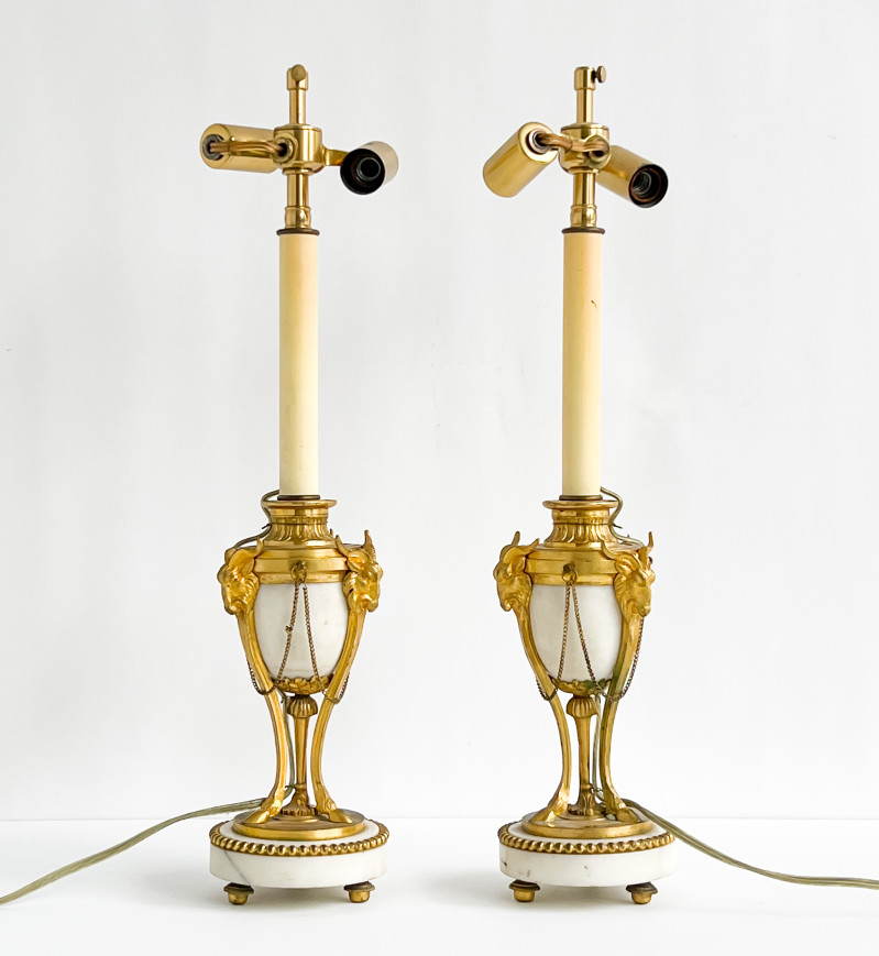 Pair of Louis XVI Ormolu-Mounted Marble Cassolettes, mounted as lamps