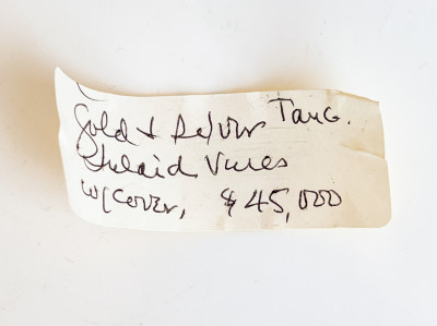 Chinese Parcel Gilt Metal Box and a Pair of Metal Urns