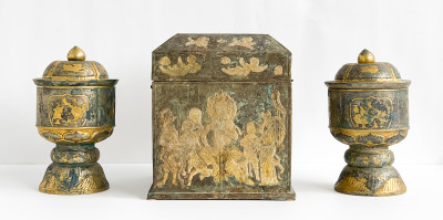Chinese Parcel Gilt Metal Box and a Pair of Metal Urns