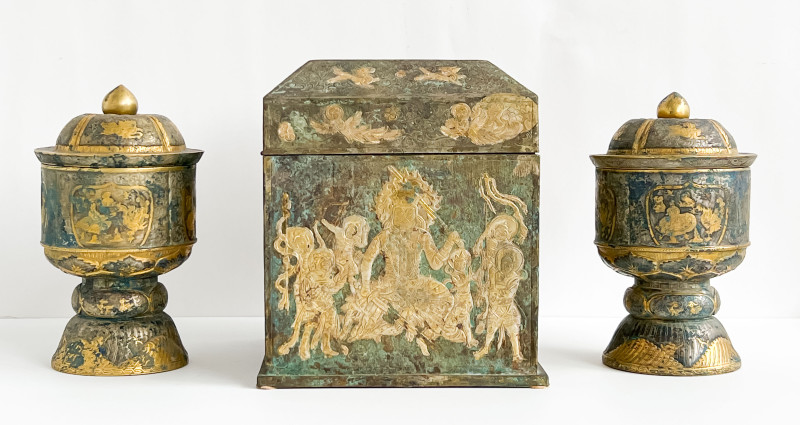 Chinese Parcel Gilt Metal Box and a Pair of Metal Urns
