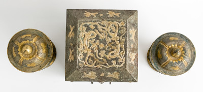 Chinese Parcel Gilt Metal Box and a Pair of Metal Urns