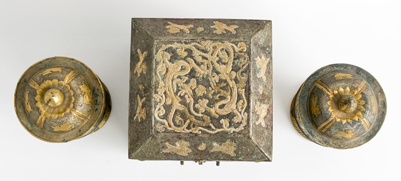 Chinese Parcel Gilt Metal Box and a Pair of Metal Urns